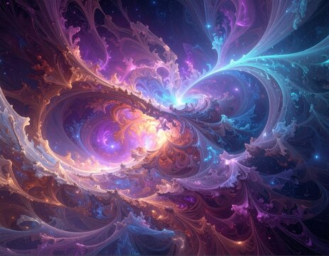 Swirling cosmic abstract of glowing clouds and colorful nebulas