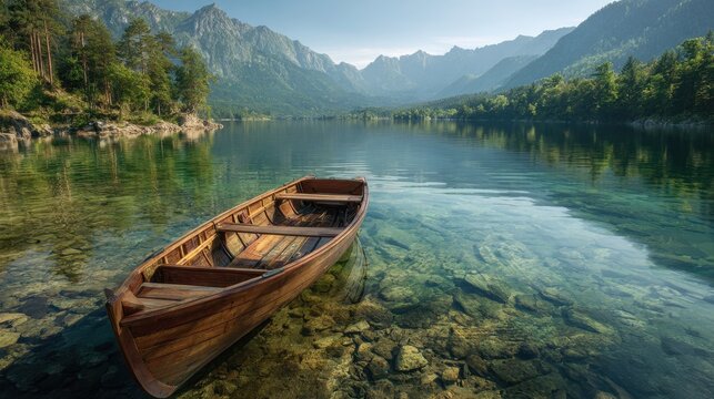 Wooden boat gently sways on calm lake surrounded by mountains and trees during sunny day in stunning nature setting