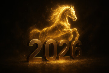 Golden glowing horse spirit leaping above metallic 2026 digits on dark background in magical celebration themed artwork.