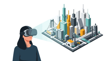 Woman wearing virtual reality headset experiencing an immersive digital cityscape with skyscrapers and bridges in a futuristic metaverse concept