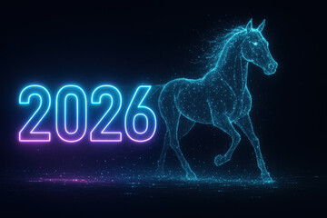 Neon glowing horse in motion with 2026 typography highlights a futuristic digital celebration of the zodiac year.