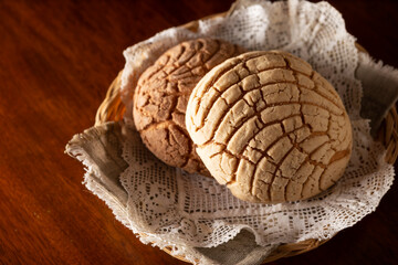 Conchas bread. Mexican sweet bread roll with seashell-like appearance, Usually eaten with coffee or hot chocolate at breakfast or as an afternoon snack.