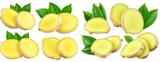 Fresh Ginger Slices and Leaves Collection — Minimal PNG Set