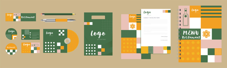 Restaurant Brand Identity Sets Vector File featuring logo elements, menu templates, food icons, badges, labels, and branding essentials. Perfect for cafés, restaurants, food trucks, catering services.