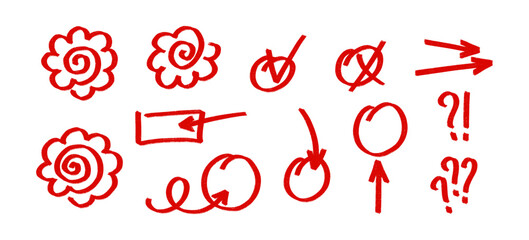 Red exam marks set, including checkmarks, crosses, hanamaru signs and grading symbols. Simple hand drawn vector elements for educational or evaluation themed designs, exam grades set.