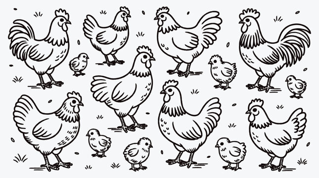 Illustration of chickens and chicks in a repeating pattern design
