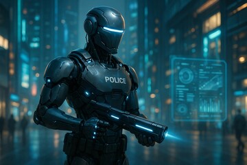 Futuristic Cyborg Police Officer or Robot Soldier with Weapon and Digital Interface in a Neon City Night