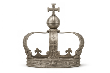 Silver crown representing monarchy, power, and historical royalty, an antique imperial symbol on transparent background