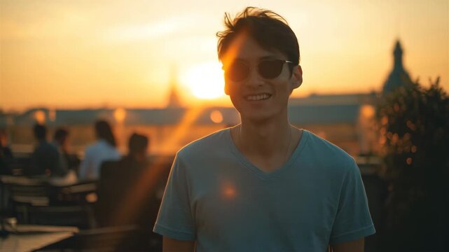 男性が逆光フレア越しの友人と笑う