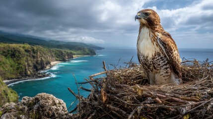 Majestic brown hawk watches over its nest near a stunning blue shoreline on a cloudy day surrounded by lush cliffs and ocean waves