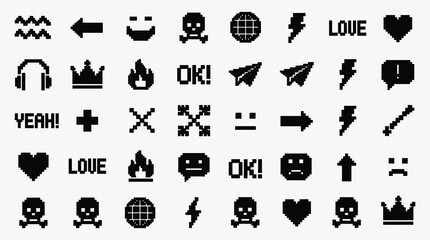 Pixel Art Icon Set Collection with Various Symbols and Expressions