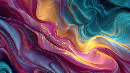 Abstract water wave design featuring vibrant marble-like ripples in a blend of purple, teal, and gold tones creating a tranquil and fluid visual experience