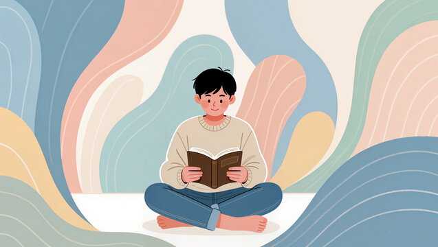 Engaging young reader immersed in a colorful abstract setting