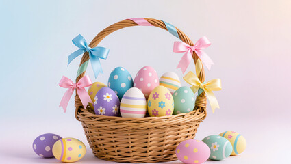 Colorful eggs in a woven basket with festive decorations for Easter
