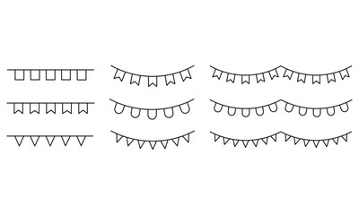 Doodle flags and ribbons. Hand-Drawn Party Bunting Garland Set. Simple banner garland decoration, birthday party and carnival bunting.