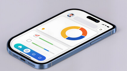 Modern smartphone interface with colorful dashboard elements displayed
