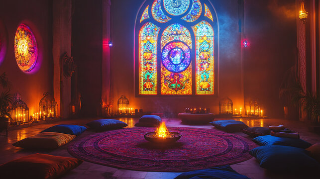 A sacred space with incense burning, meditation cushions arranged in a circle, and soft ambient light streaming in from a stained glass window, filled with vibrant colors and spiritual symbols