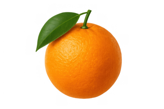 Single whole fresh orange fruit with green leaf, vitamin c, healthy eating, juice, food ingredient, natural flavor, transparent background