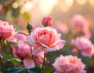Close-up of pink roses in a garden, bathed in warm sunlight