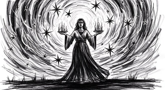 Woman in flowing robes performing a New Year invocation under a night sky with swirling stars and raised candle trays