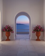 Obraz premium Elegant Archway Opens to Serene Ocean Sunset with Blooming Flowers on Balcony