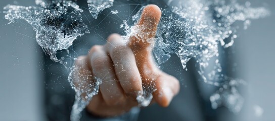 A hand is pointing at a globe with a blue background