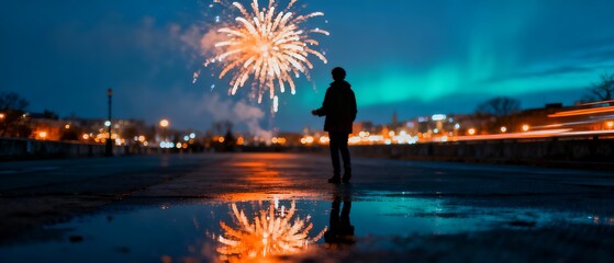 Person watching fireworks during New Year’s Eve at blue hour on a city street with reflections on wet pavement and long exposure light trails