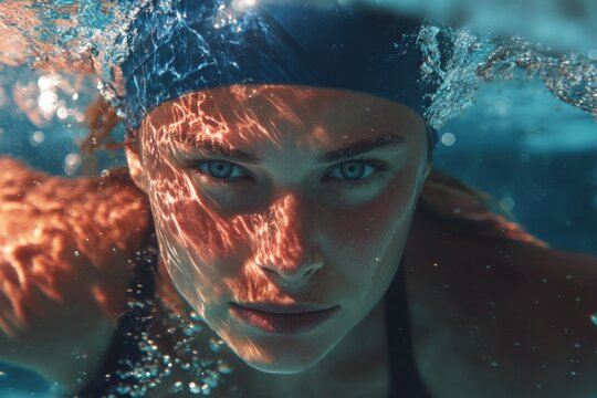 Young woman swimmer showcases her skills in a clear blue swimming pool during a sunny day, capturing the essence of athleticism and determination in the water