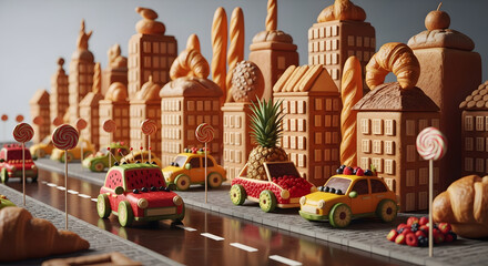 Miniature edible city with pastry buildings and fruit cars