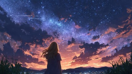 Fototapeta premium Enchanting anime girl gazes at a beautiful luminescent sky filled with stars and vibrant colors at dusk in a peaceful landscape