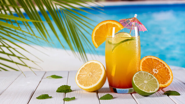Enjoying a refreshing tropical drink by the poolside in summer