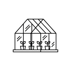 Greenhouse with potted plants isolated on line art