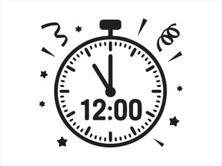 Midnight Countdown Clock Illustration Showing 12 O’Clock with Celebration Elements
