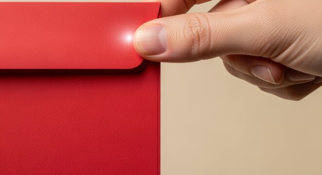 Closeup of a red envelope held lightly by fingertips - Powered by Adobe
