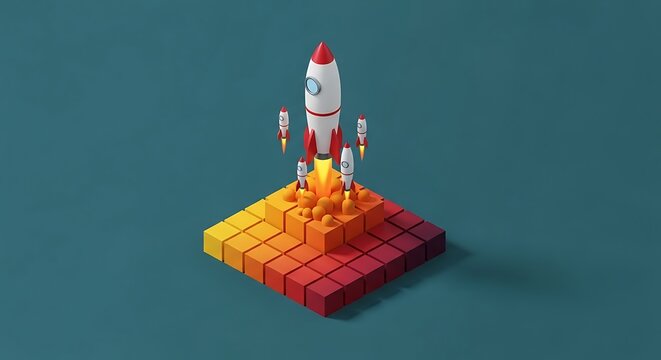Dynamic rocket launch illustration symbolizing business startups and innovation, ready for liftoff, modern design for technology and creative projects