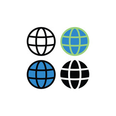Globe icon set featuring line, flat, and color line styles, perfect for representing global connection, worldwide communication, international business, geography, travel, and network systems.