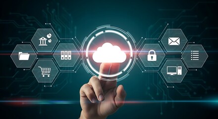 Cloud computing technology with a hand reaching for data storage innovation
