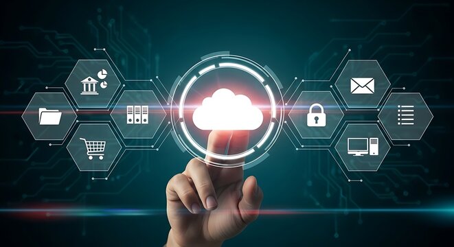 Cloud computing technology with a hand reaching for data storage innovation