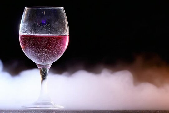 Wine Glass Elegance: A delicate stemware holds a deep red, inviting liquid, capturing the essence of refinement and pleasure with the artful dance of the surrounding mist.