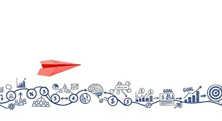 Launch your business to success with a vibrant red paper airplane soaring above a strategic business plan, visualizing growth and achieving goals