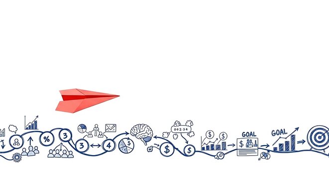 Launch your business to success with a vibrant red paper airplane soaring above a strategic business plan, visualizing growth and achieving goals