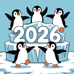 Obraz premium Happy Penguins 2026 Winter Celebration Illustration