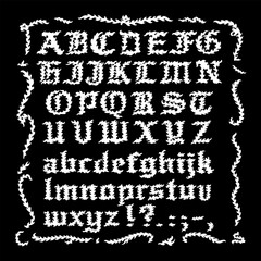 A decorative gothic-style alphabet set featuring uppercase and lowercase letters with a thorny, textured design. 
