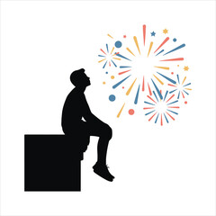 Silhouette Man Watching Colorful Fireworks at Night. Silhouette of a Man Watching Vibrant Fireworks in the Night Sky  Holiday Background