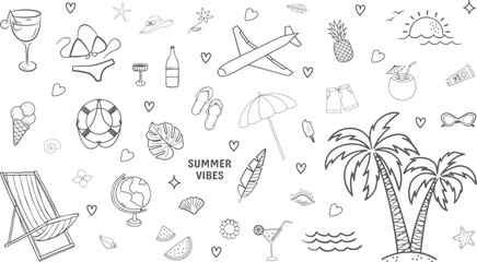 Obraz premium Summer vacation doodle vector set – hand drawn beach, travel, tropical holiday icons, cute summer elements for patterns, backgrounds, posters, and vacation-themed design projects