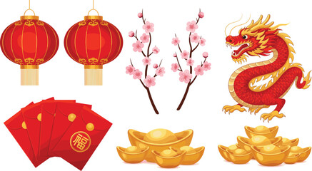 Chinese New Year icon vector&mdash;dragon, lanterns, cherry blossoms, red envelopes, gold ingots, and festive symbols for cultural celebration visuals