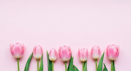 A row of delicate pink tulip flowers arranged on a soft pink background, creating a minimalist and elegant floral composition