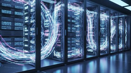 Server racks in a data center with glowing fiber optic cables forming abstract patterns technology network - Powered by Adobe