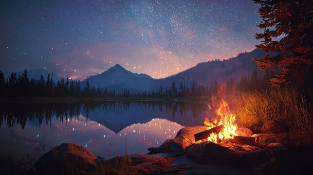 Inviting bonfire crackling beside tranquil mountain lake under a starry night sky with reflections shimmering on calm waters