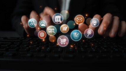 Set of business and digital service icons representing finance, cloud, analytics, email, communication, ecommerce, cybersecurity, and global connectivity in a modern ecosystem Marrow